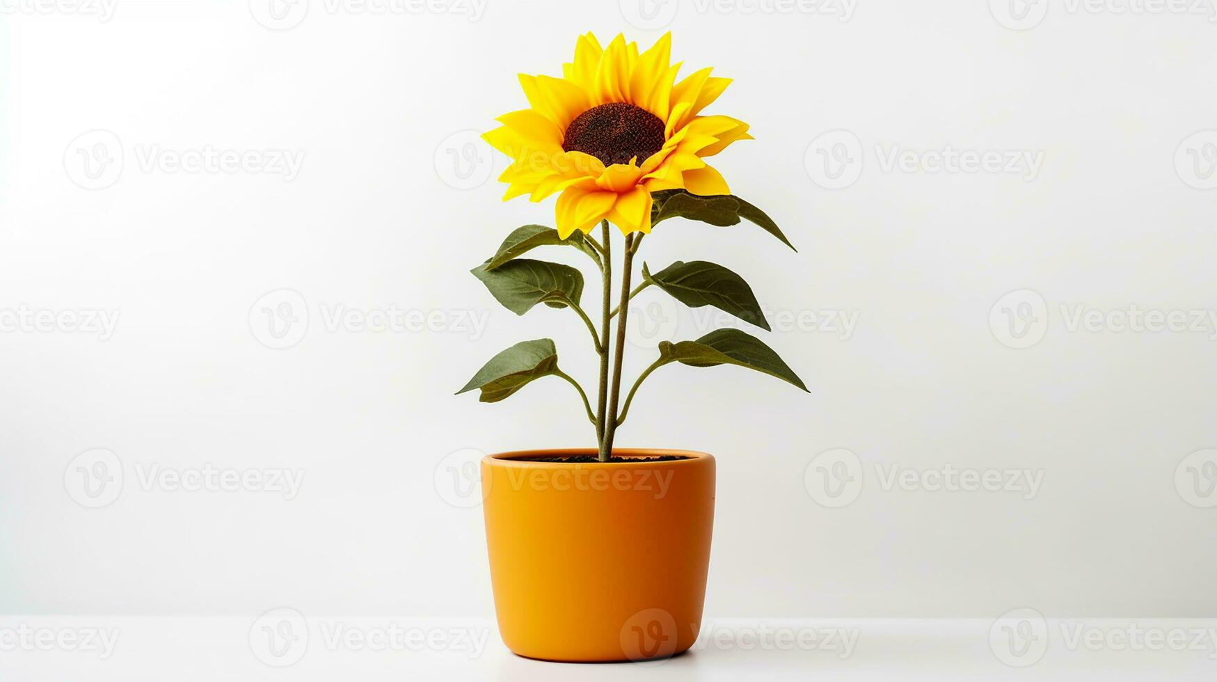 Photo of Sunflower in pot isolated on white background. Generative AI