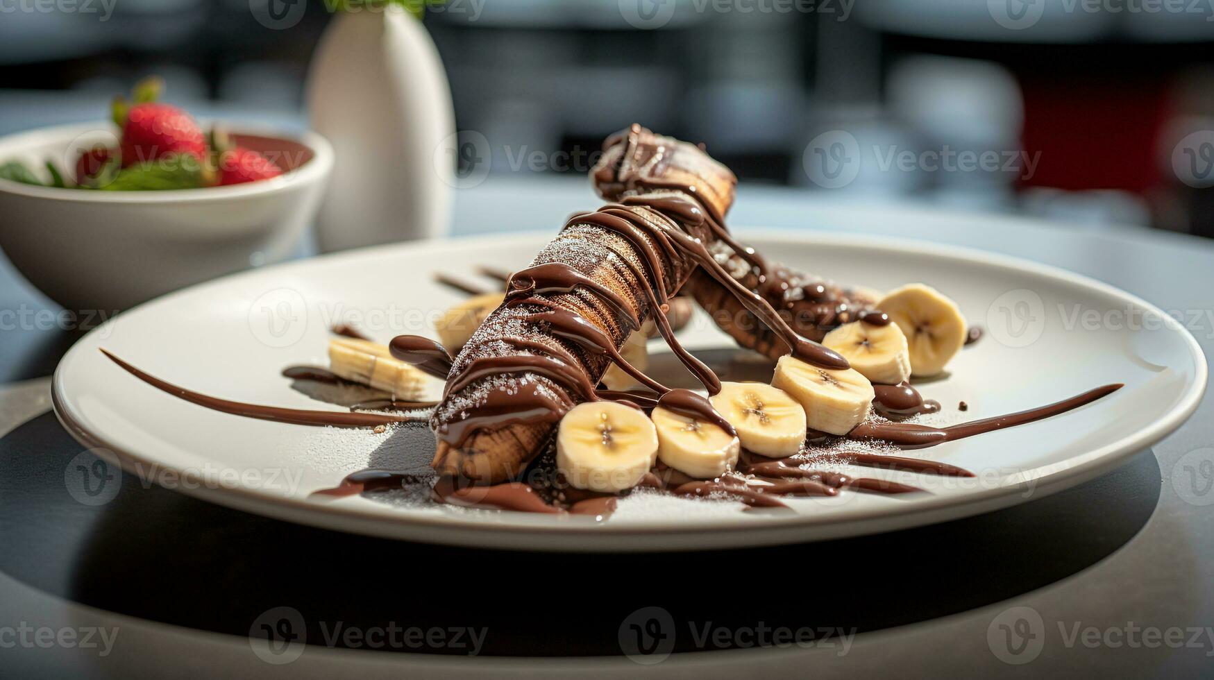 foto de chocolate sumergido bananas como un plato en un gama alta restaurante. generativo ai