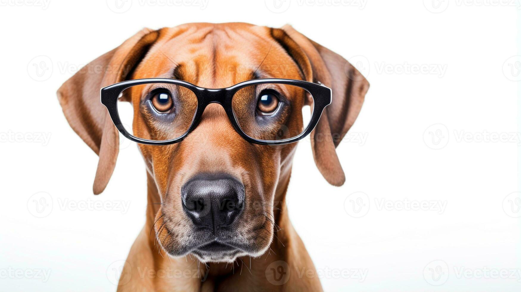 Photo of a Rhodesian Ridgeback dog using eyeglasses isolated on white background. Generative AI