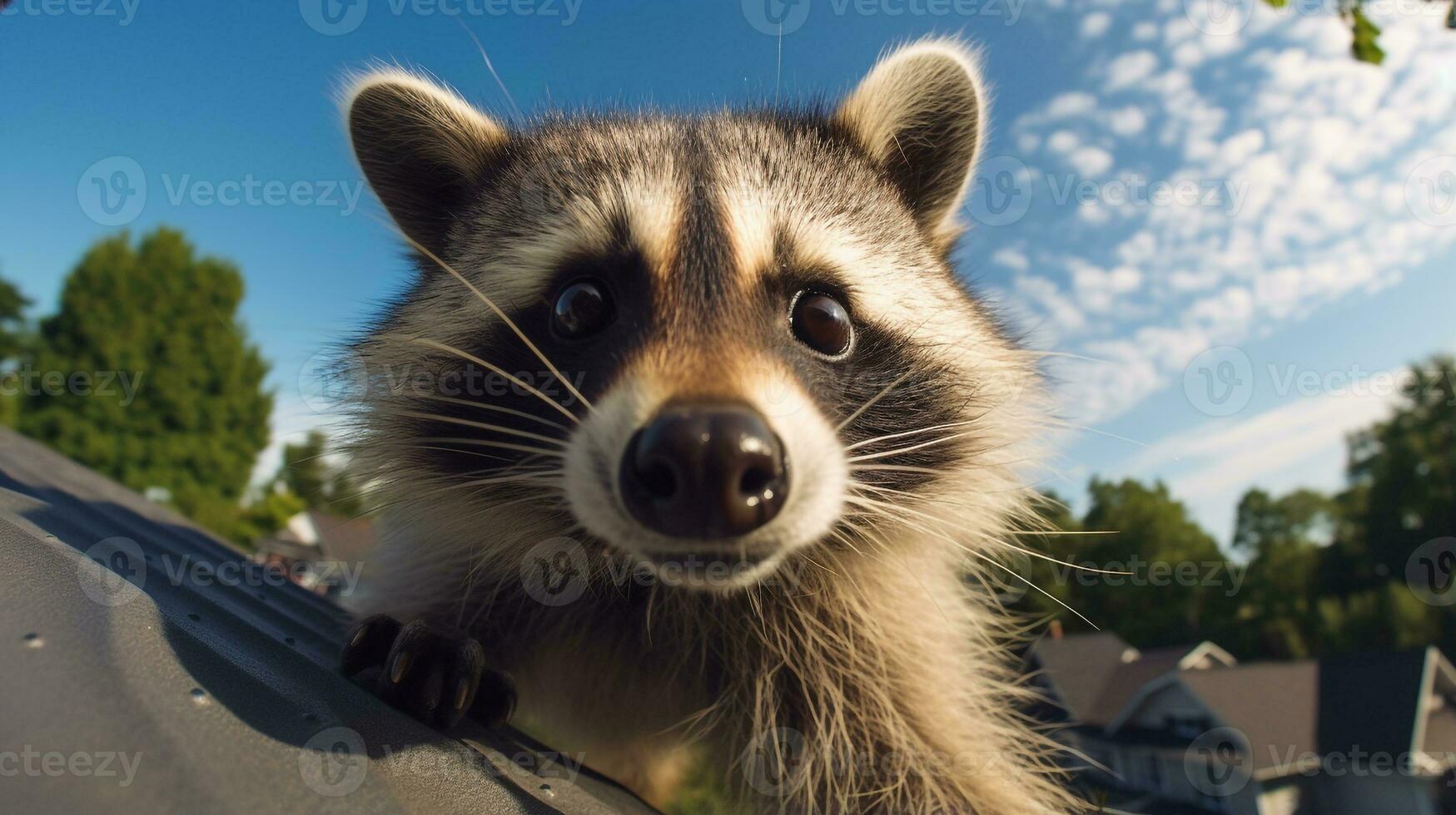 Photo of a Raccoon under Blue Sky. Generative AI