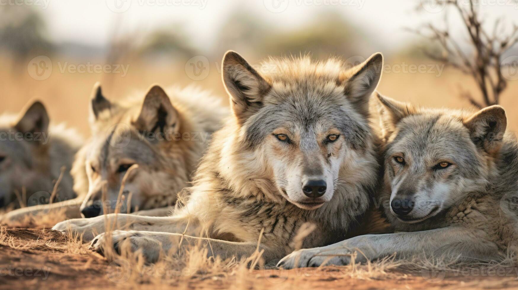 Photo of a herd of Wolf resting in an open area on the Savanna. Generative AI