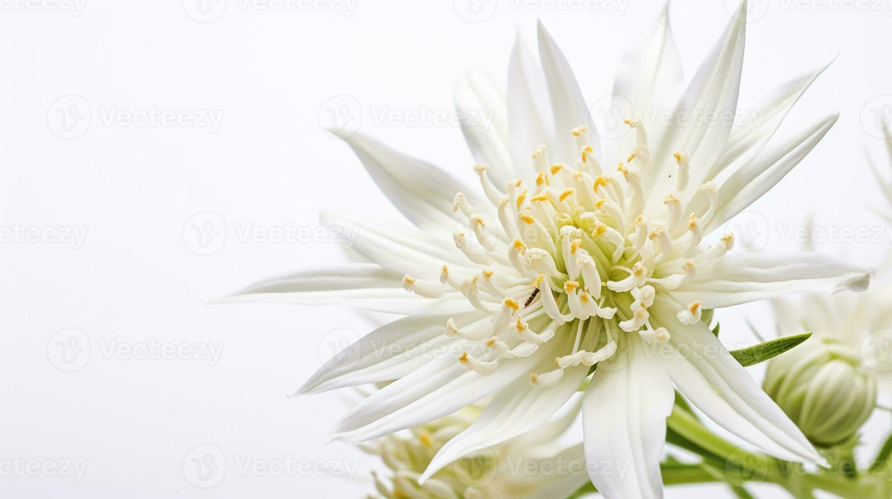 Photo of beautiful Edelweiss flower isolated on white background. Generative AI