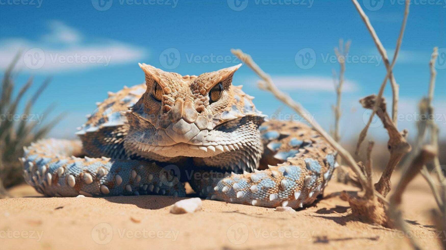 Photo of a Desert Horned Viper in a Desert with blue sky. Generative AI