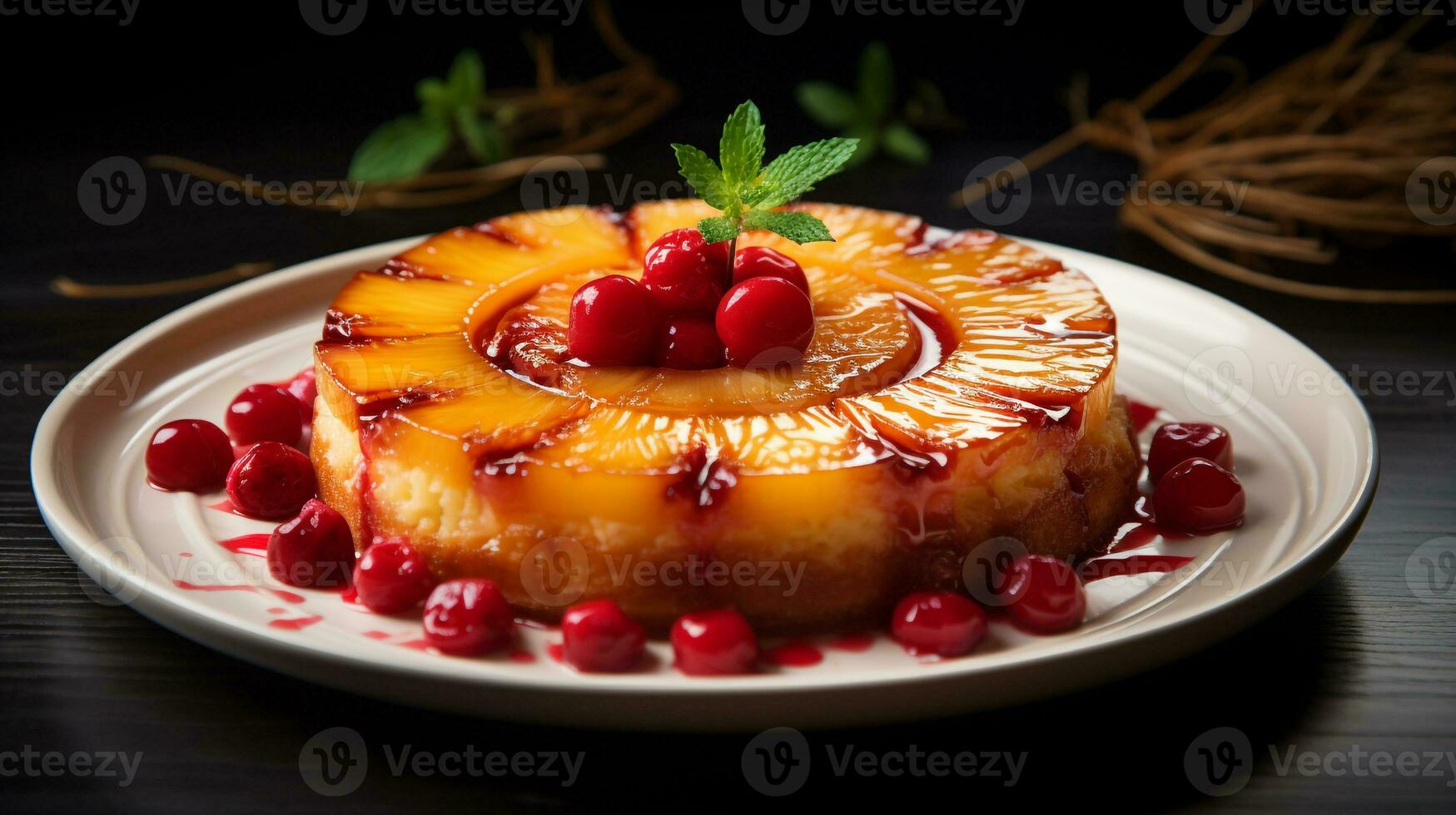 Photo of Pineapple Upside-Down Cake as a dish in a high-end restaurant. Generative AI