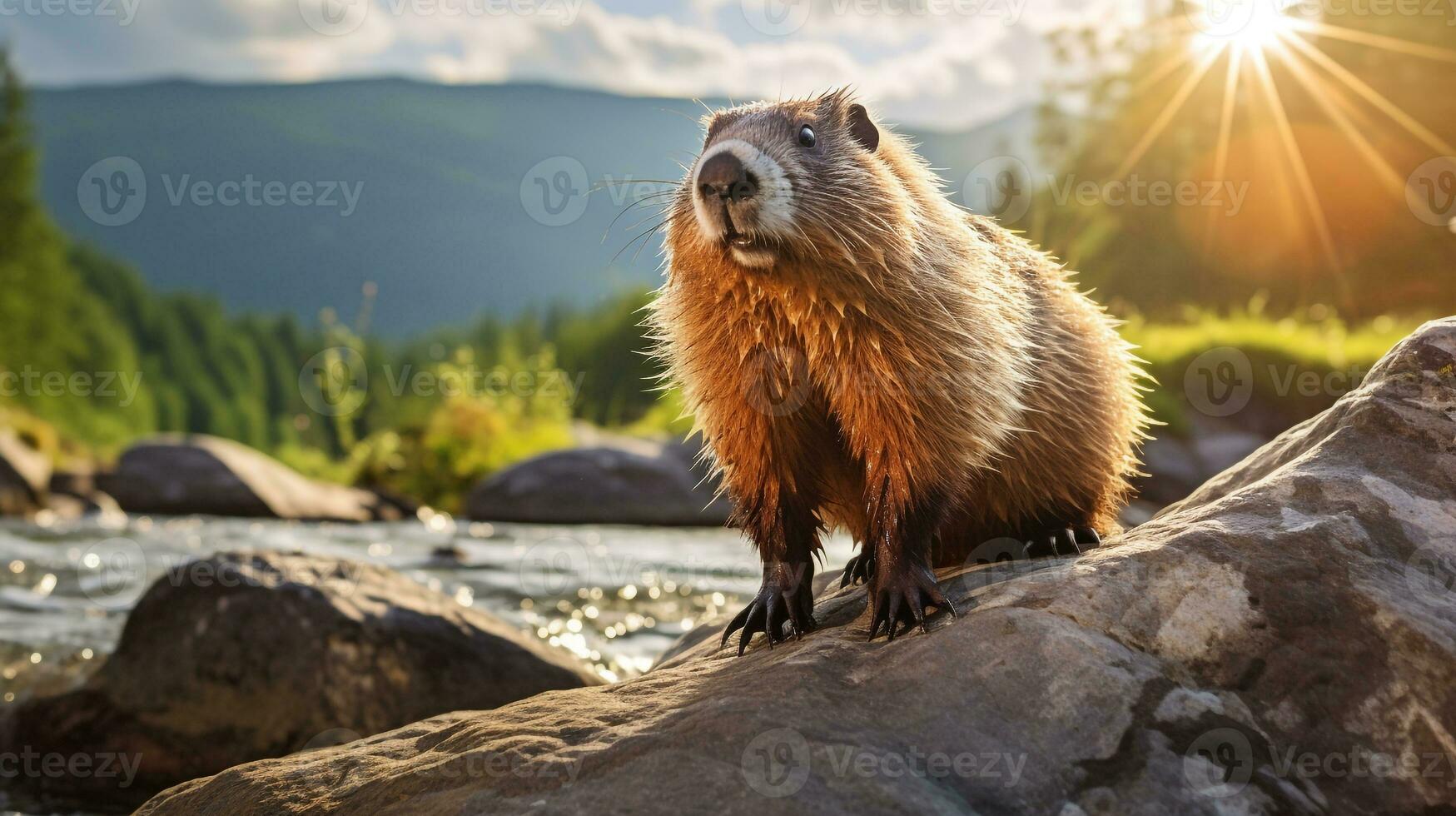 Close-up photo of a Marmot looking in their habitat. Generative AI