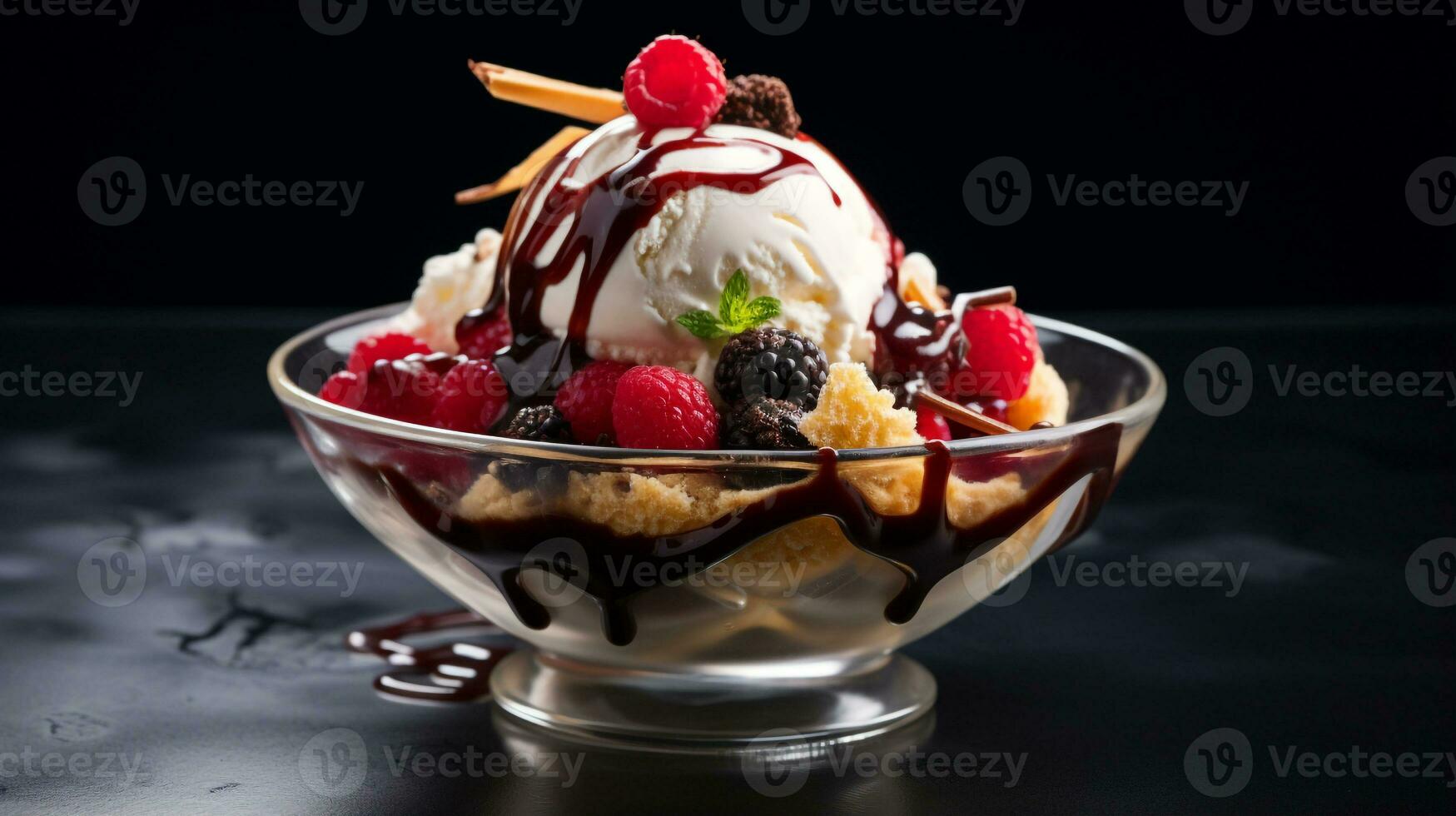 foto de el elegancia de hielo crema helado con frutas y nueces arreglado en un prístino blanco porcelana plato en un elegante comida ajuste. generativo ai