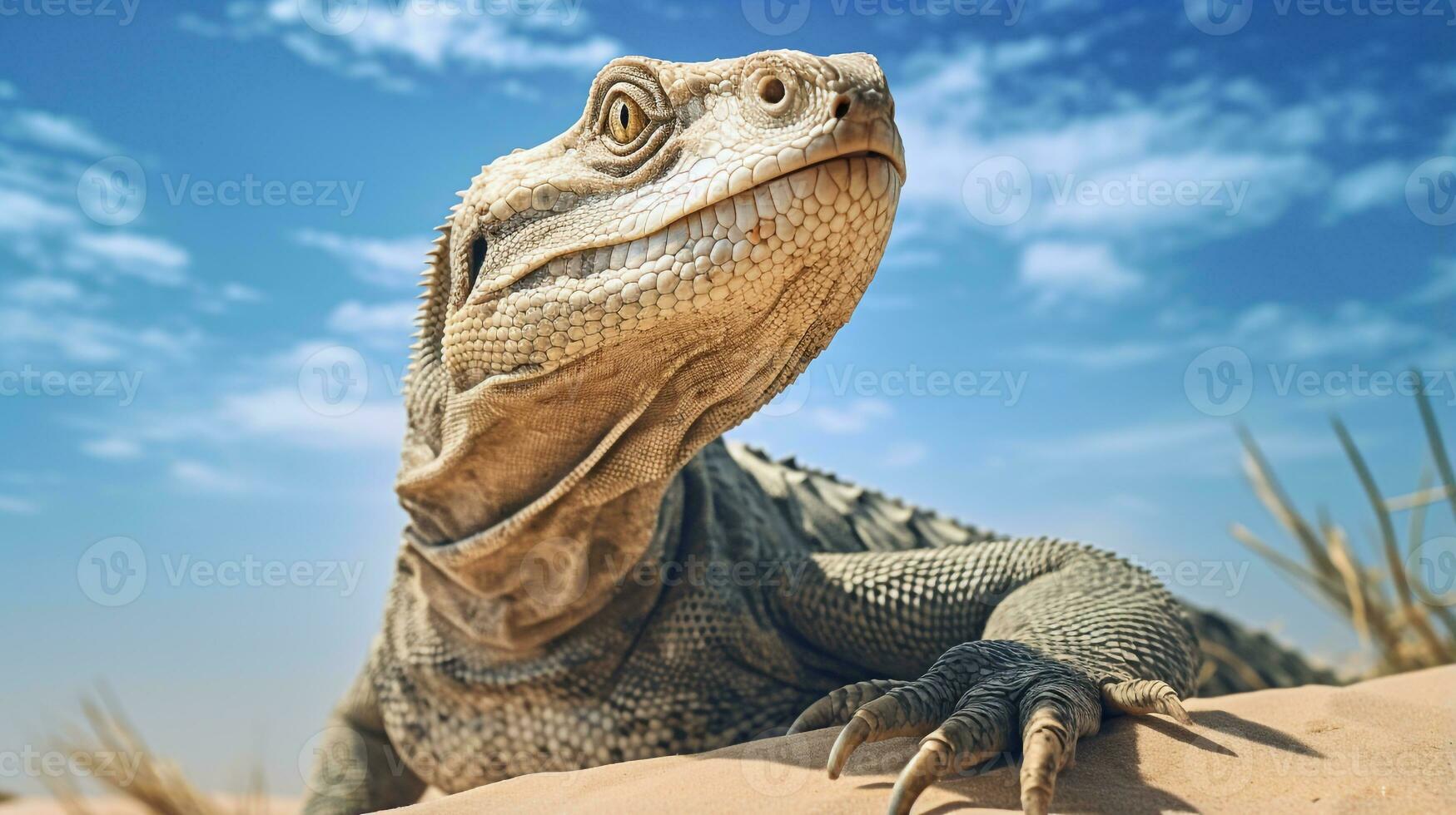 Photo of a Desert Monitor Lizard in a Desert with blue sky. Generative AI