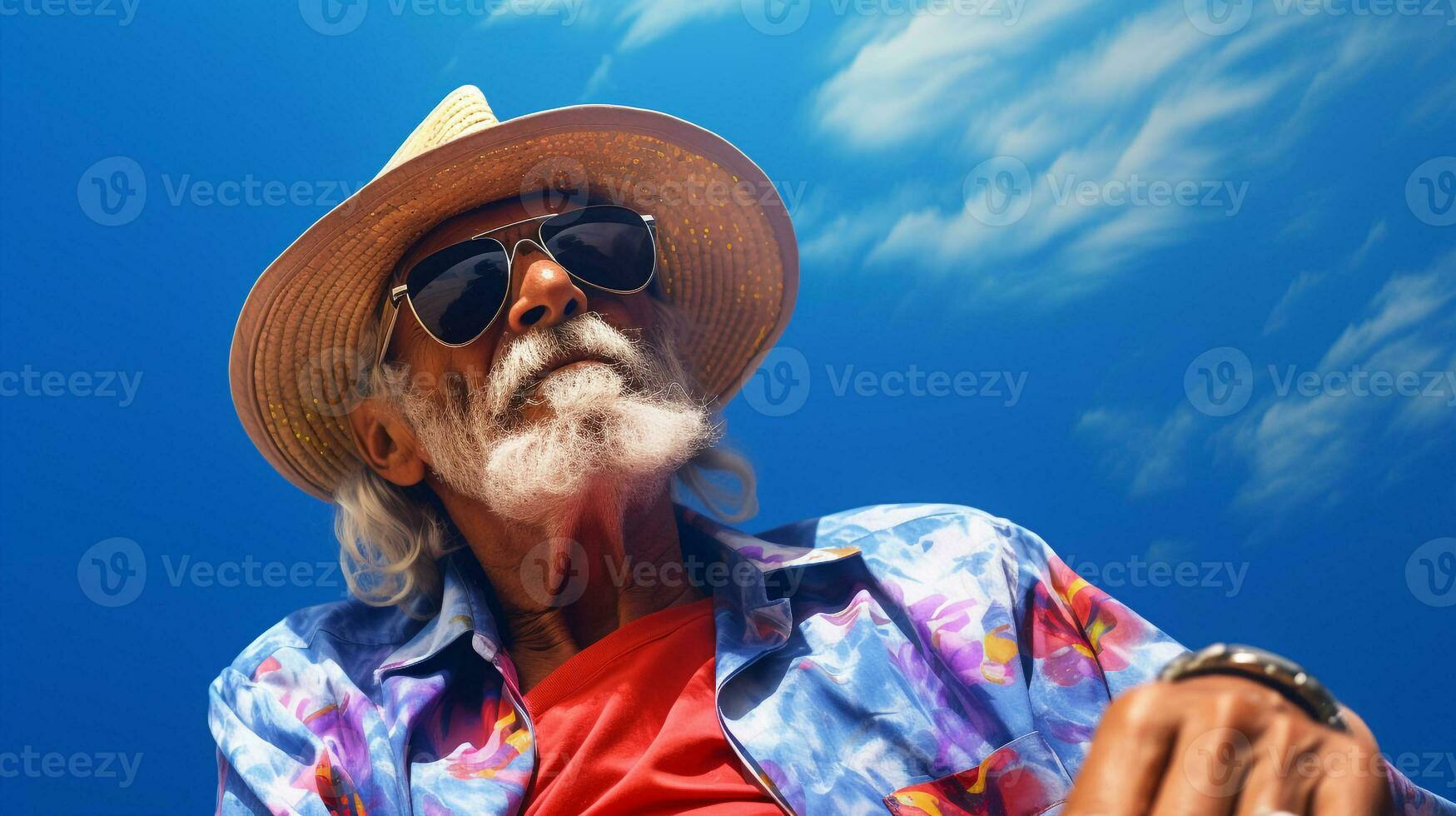 Old man using Colombia hat and sunglasses when celebrates Dia de la Raza. Generative AI photo