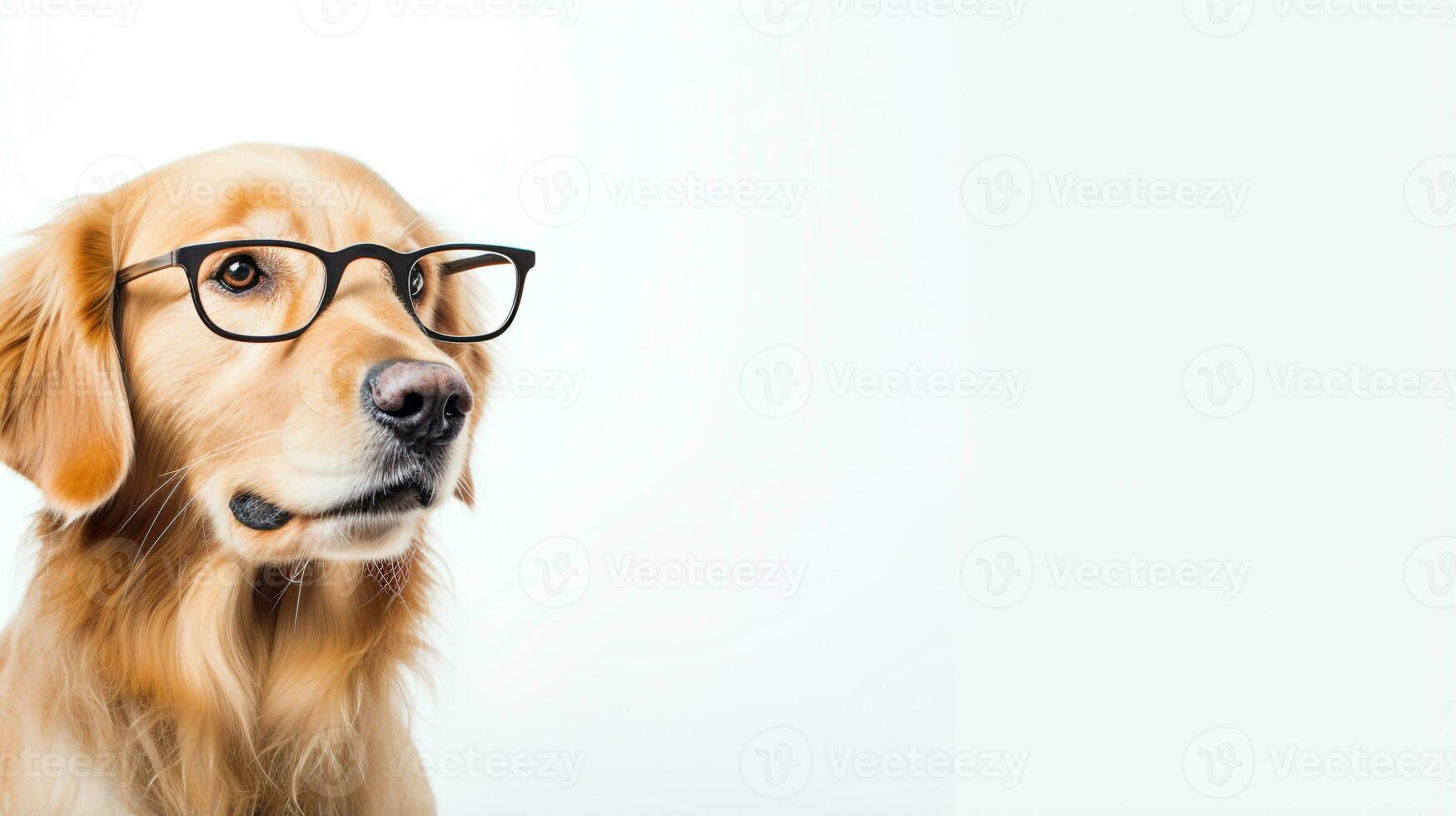 Photo of a Golden Retriever dog using eyeglasses isolated on white background. Generative AI