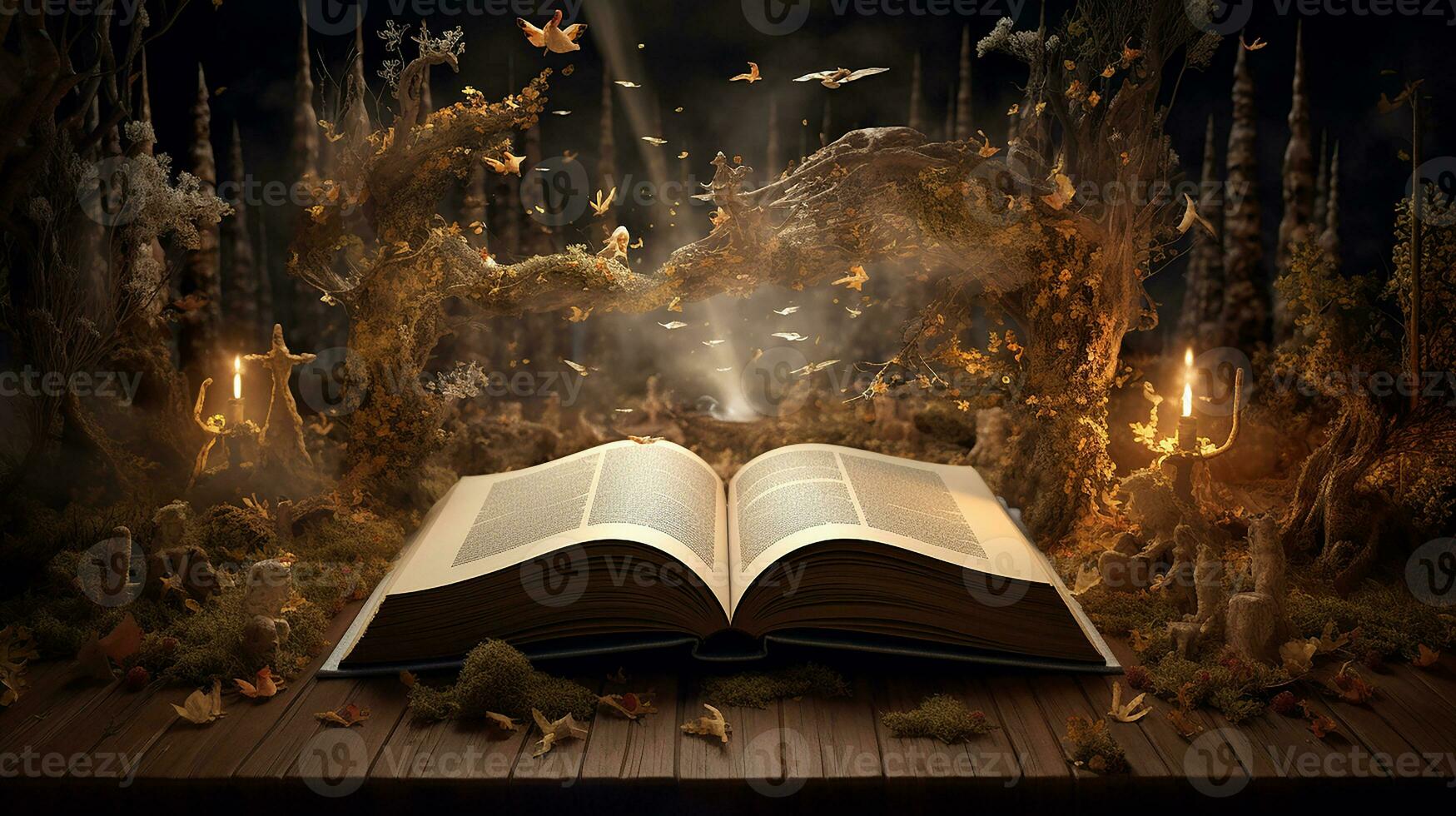 Fantasy landscape with a waterfall in the open book on dark background. Generative AI photo