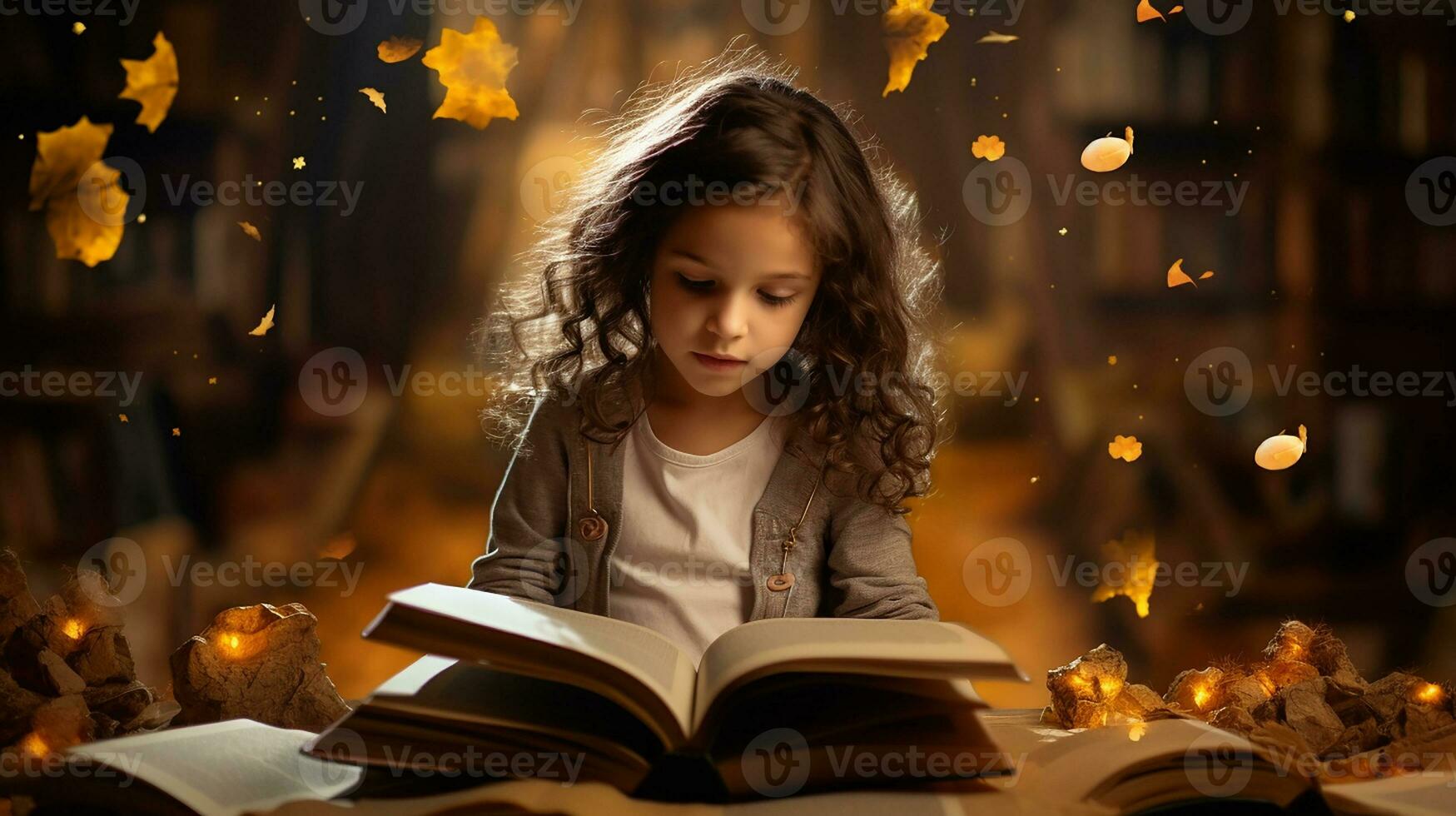 Little girl reading a book in the library with autumn leaves around her. Generative AI photo