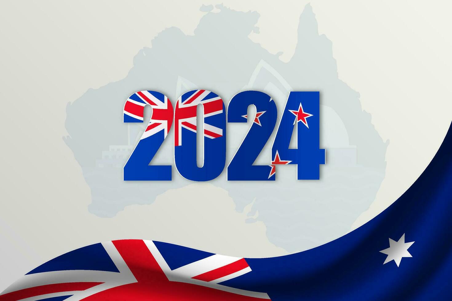 Happy New Year 2024. festive realistic decoration. Celebrate 2024 party on UK country flag and maps. vector