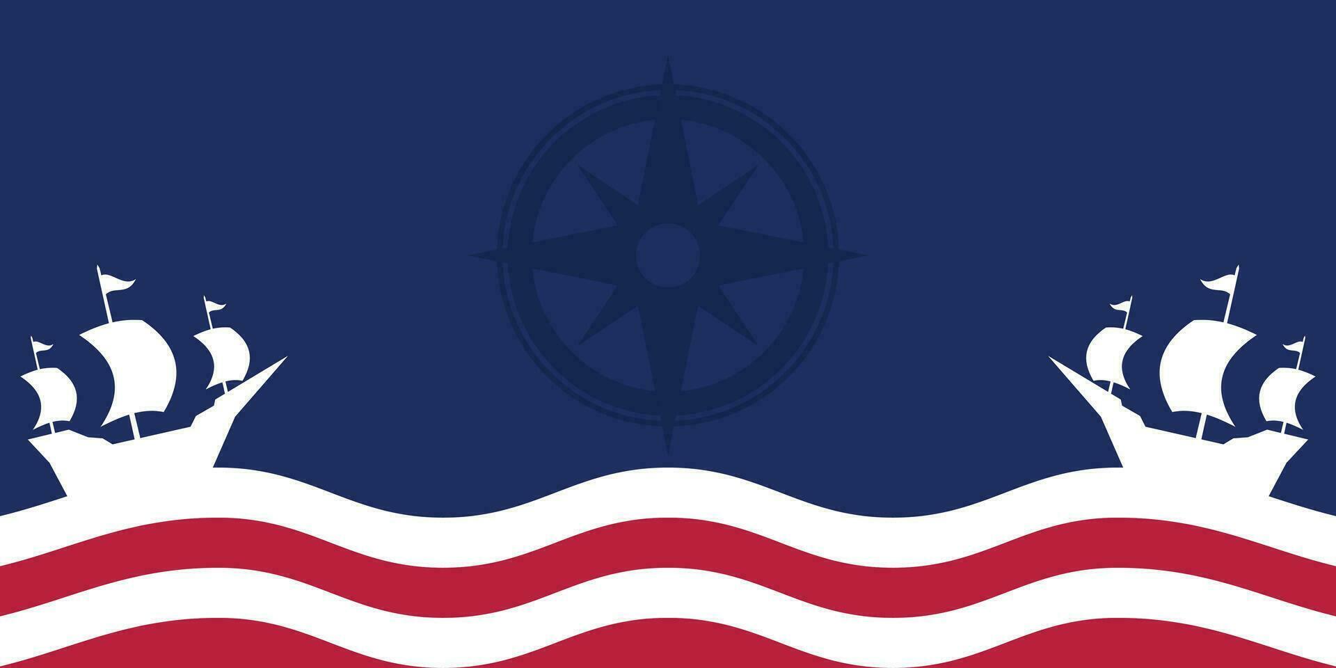 Columbus Day celebration background with ship silhouette icon and free copy space area. american flag color design, vector for banner, greeting card, poster, web, social media.