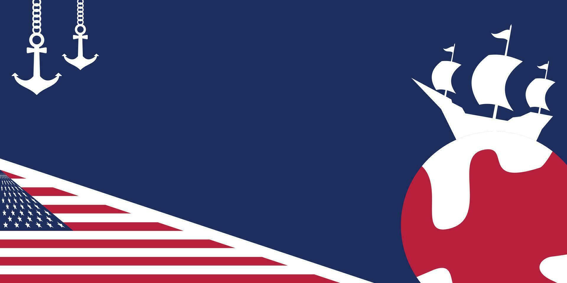 Columbus Day celebration background with ship silhouette icon and free copy space area. american flag color design, vector for banner, greeting card, poster, web, social media.