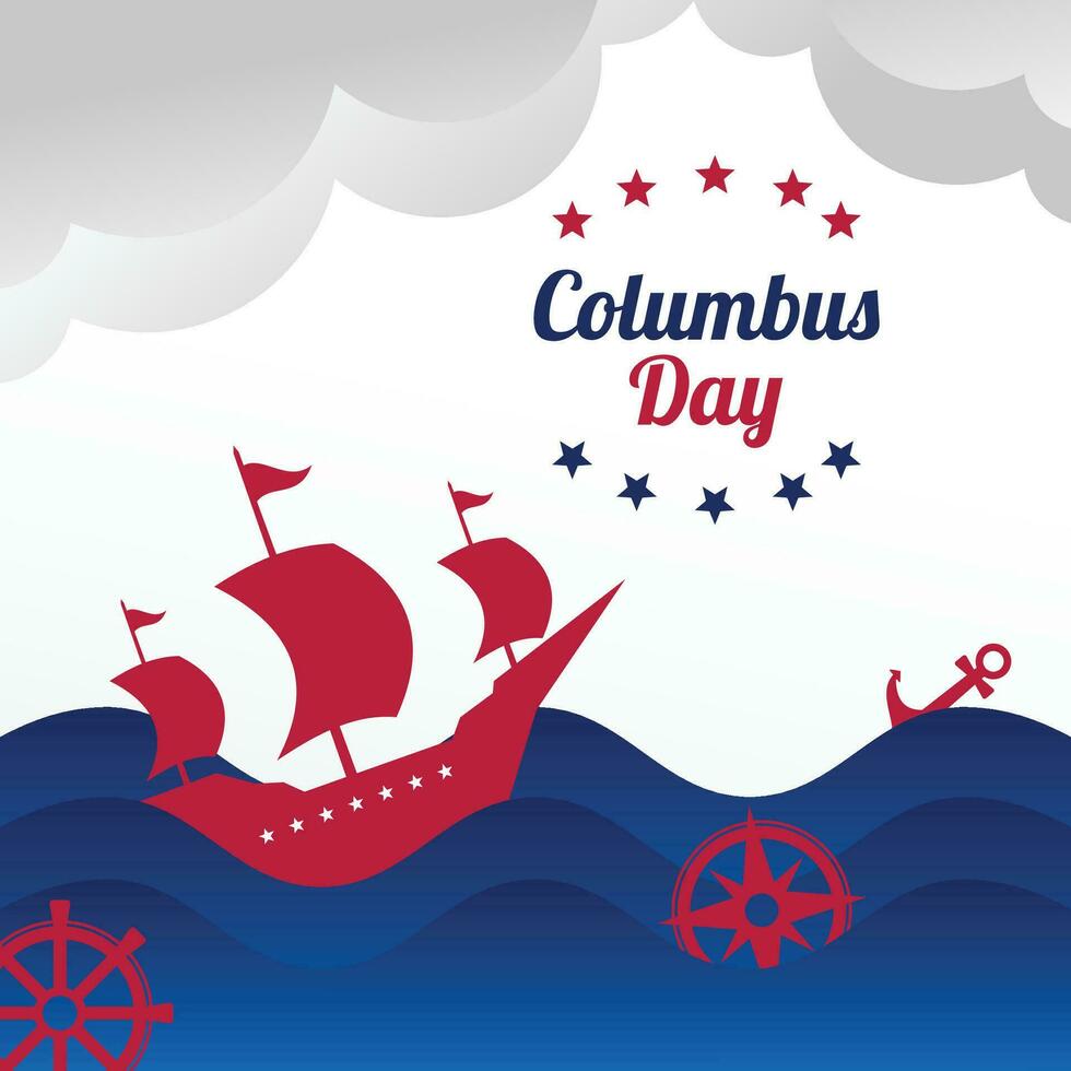 columbus day background paper cut design, with icons of ships, clouds and waves. vector for banner, greeting card, poster, web, social media.