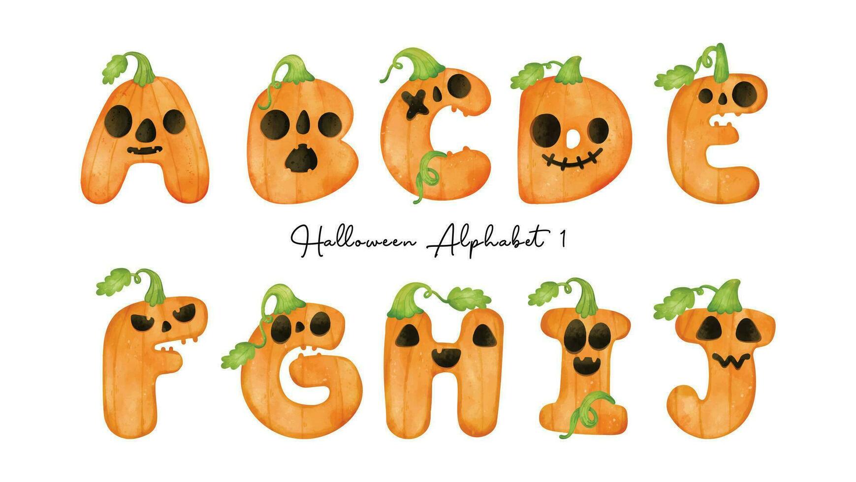 Halloween Pumpkin Alphabet Letter A- J, Cute Spooky Watercolor Characters, hand painted illustration, vector