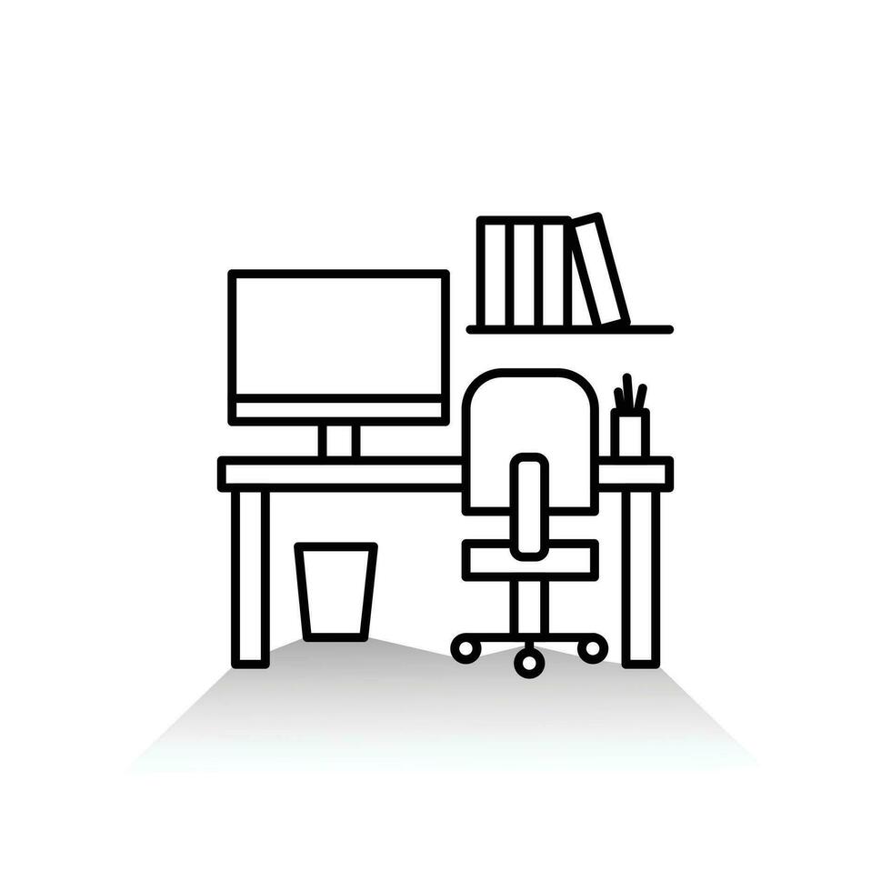 Office Desk Icon. Workplace icon. Job, office, working sign. The table, computer, penholder, pen, and dustbin symbols. Workstation vector illustration