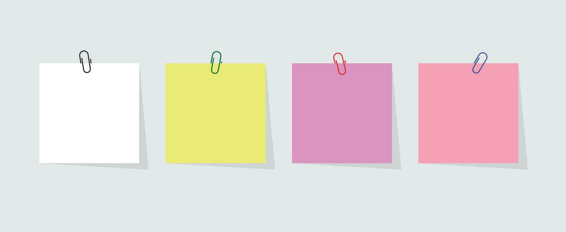 Colored paperclip with blank notepaper. Vector illustration flat design. Isolated on a white background. Template for memo. Notebook space.