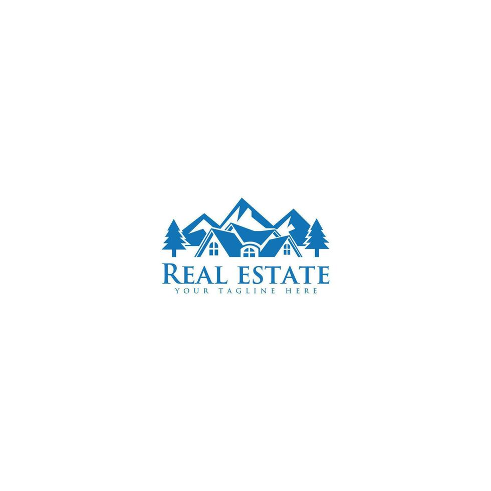 Houses in mountains vector stained-glass logo. Real-estate hotel cottages sign. Property agency, building, insurance, buying, investment, constructing, cleaning. Winter holidays and ski resort symbol