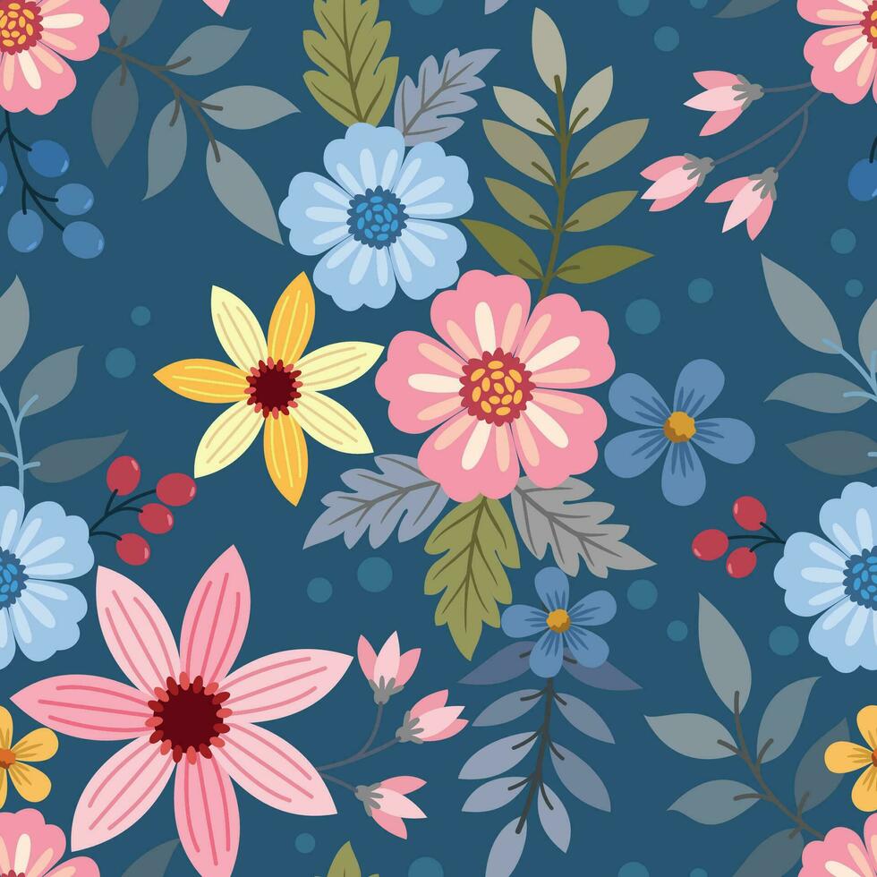 Colorful hand draw flowers on blue color background seamless pattern vector