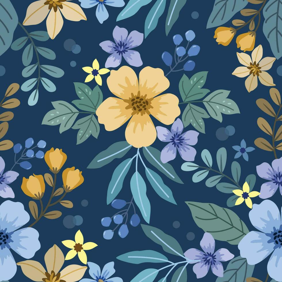 Colorful hand draw flowers on blue color seamless pattern vector