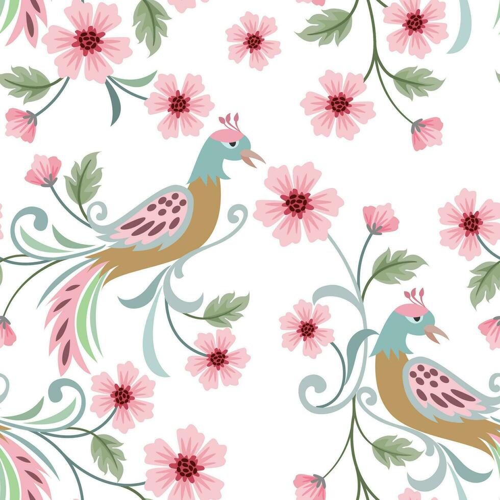 linda pavo real y rosado flores diseño sin costura modelo. vector