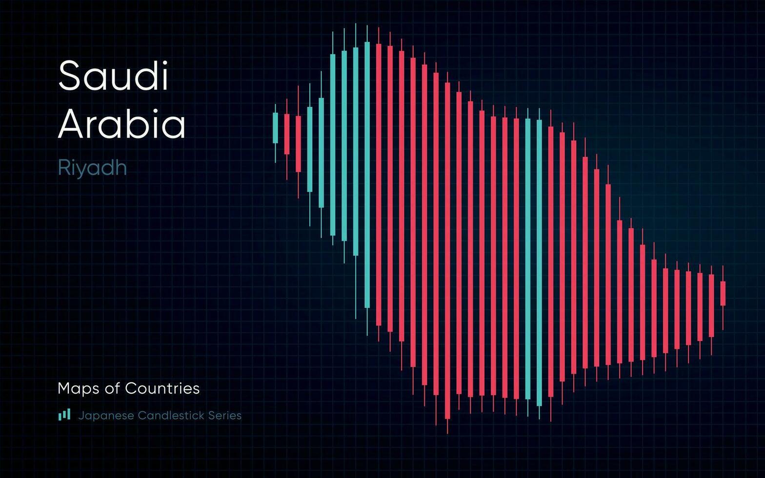 Saudi Arabia map is shown in a chart with bars and lines. Japanese candlestick chart Series vector