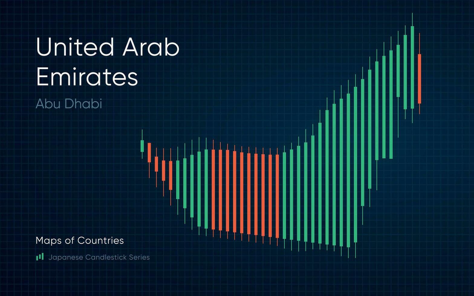 United Arab Emirates map is shown in a chart with bars and lines. Japanese candlestick chart Series vector