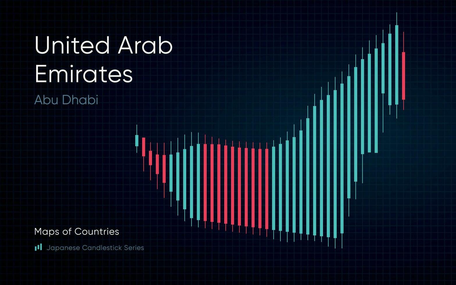 unido árabe emiratos mapa es mostrado en un gráfico con barras y líneas. japonés candelero gráfico serie vector