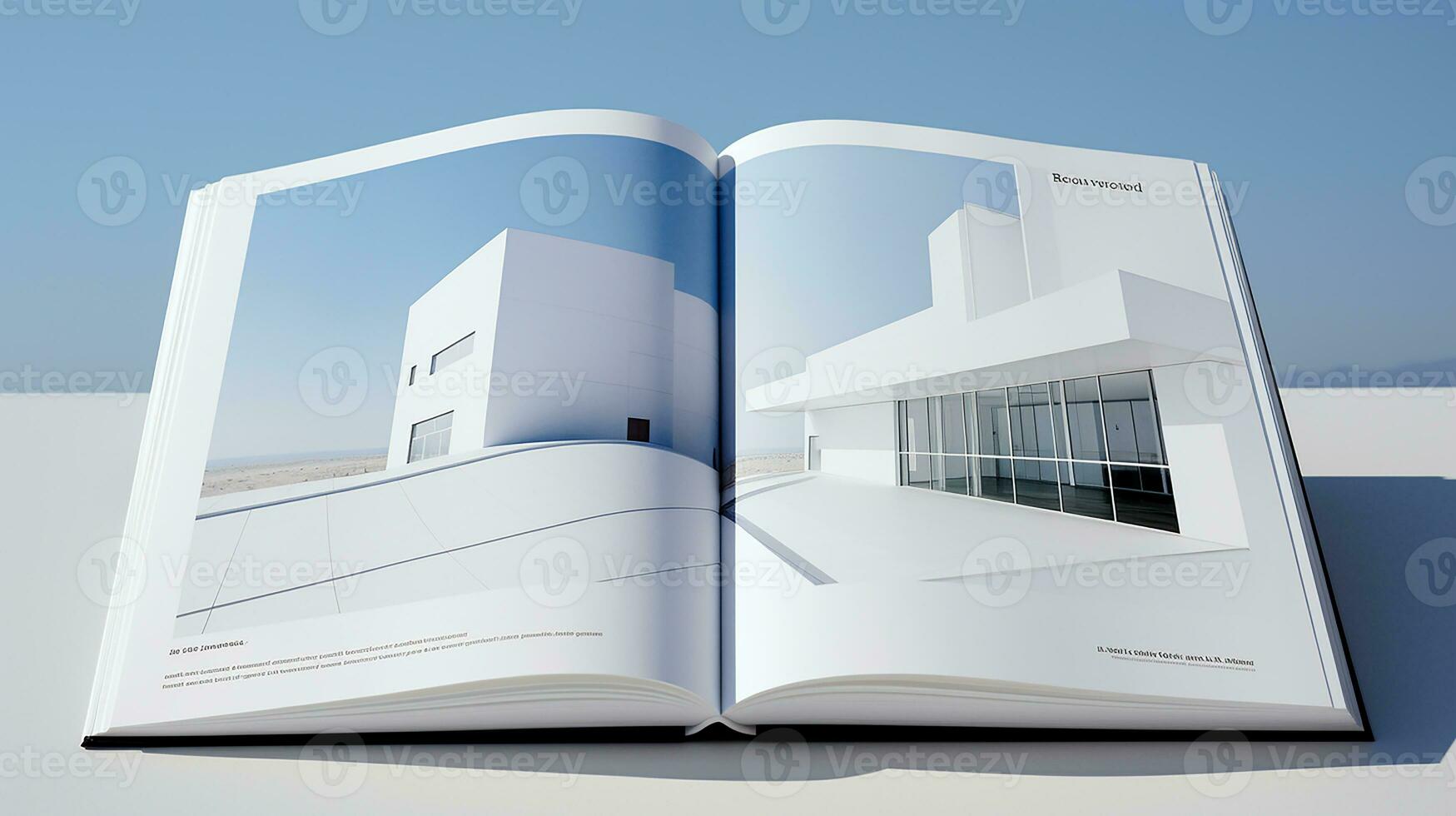 Open magazine with modern and minimalist building and blue sky. 3d rendering. photo