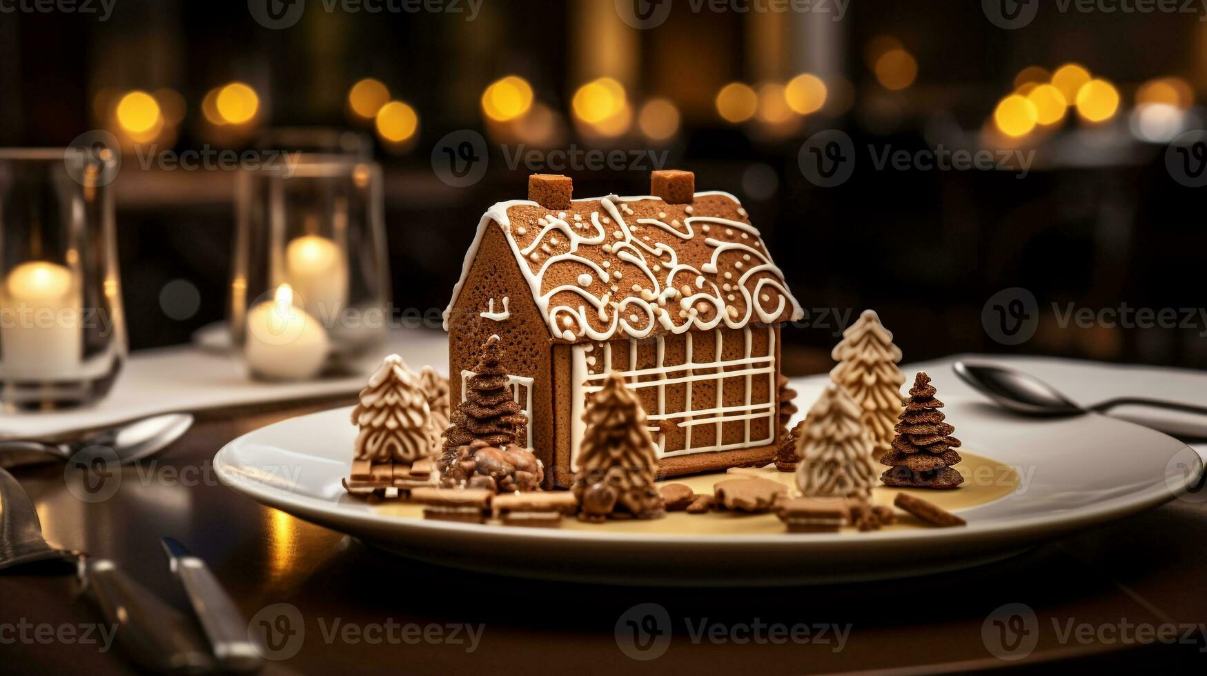 Photo of Gingerbread House as a dish in a high-end restaurant. Generative AI