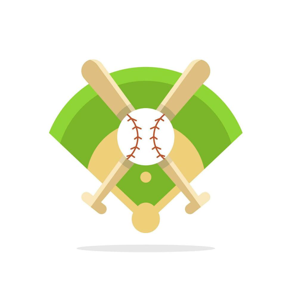 Baseball field icon. Flat illustration of baseball field with ball and bat vector icon