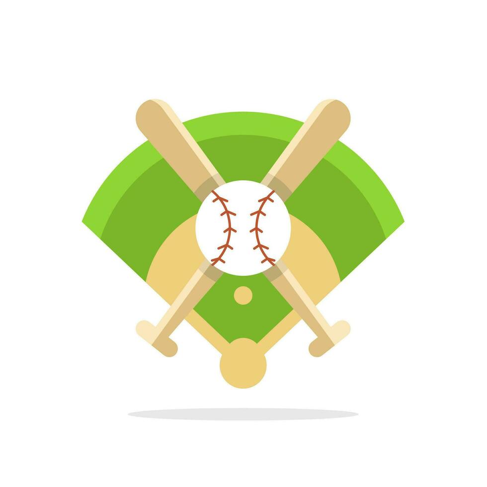 Baseball field icon. Flat illustration of baseball field with ball and bat vector icon