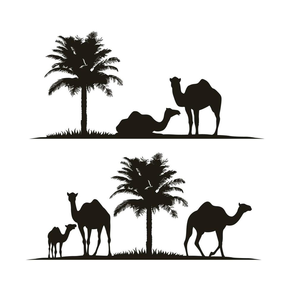 Camel Silhouette with Date Palm Tree Landscape Vector Illustration