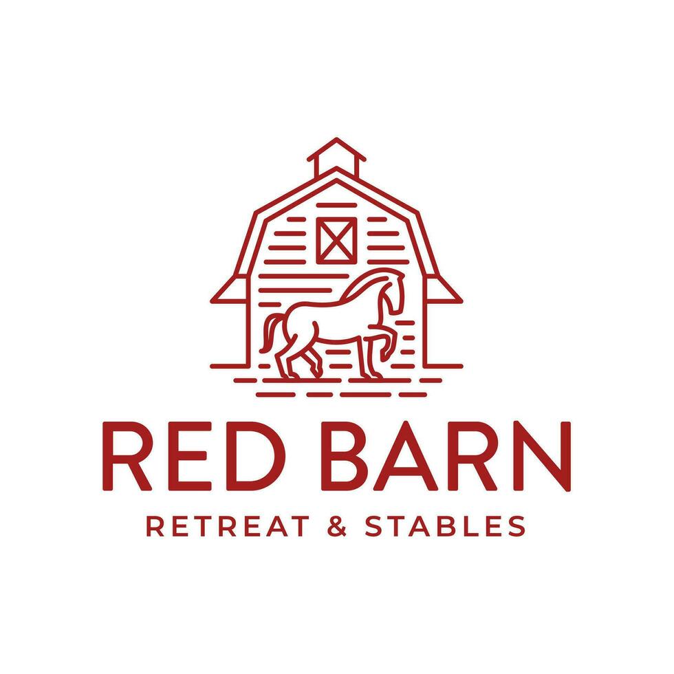 Rustic Red Barn and Horse Logo Design. Equestrian Ranch Branding in Countryside vector