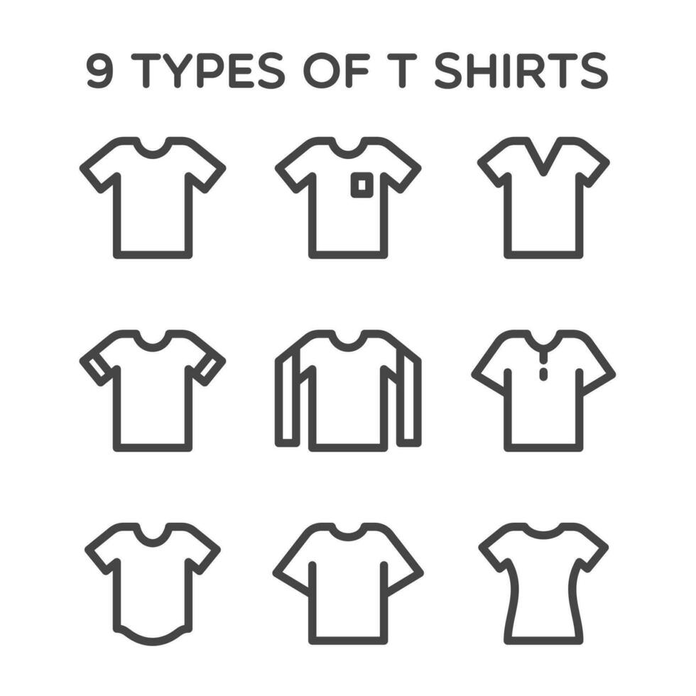 9 9 tipos de camisetas icono diseño para tu Moda armario. línea íconos colección para web aplicaciones y móvil concepto vector