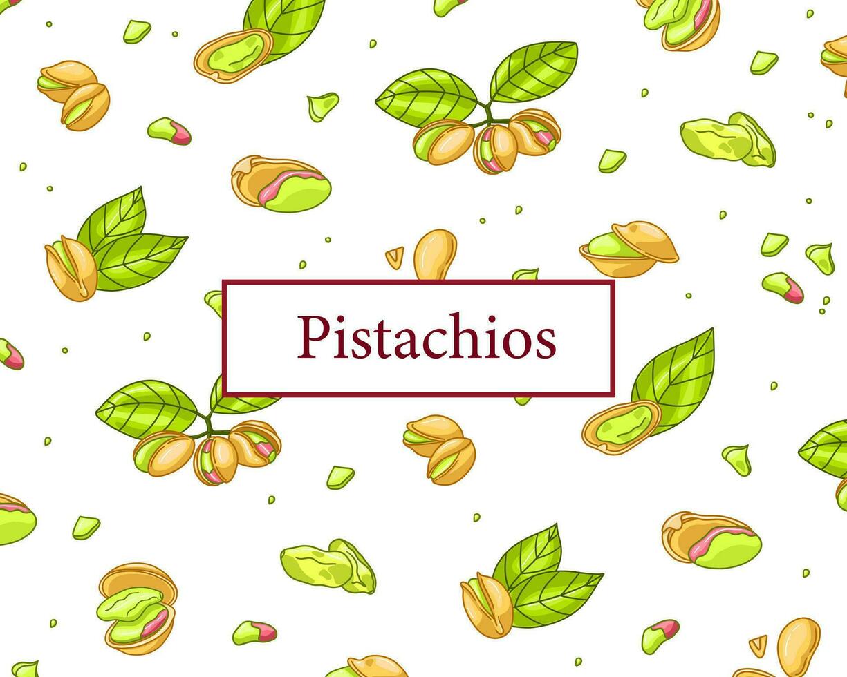 Pistachio frame rectangle menu poster. Vector illustration in hand drawing style. Healthy food ingredient template for vegetarian diet. Retro autumn decoration with leaves, nuts, branches banner