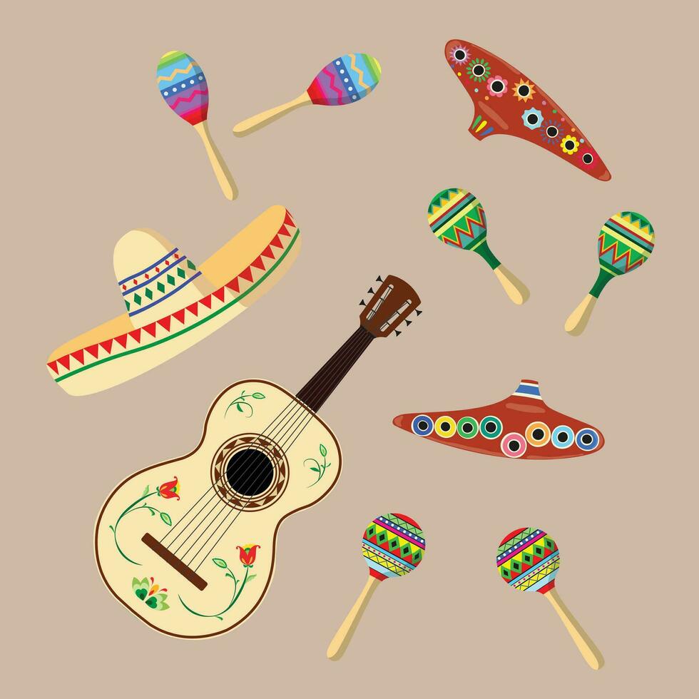 Set of Mexican traditional instruments flat vector in cartoon style. Ethnic instruments. Dia De Los Muertos. Day of the Dead concept. Mexican traditional culture.