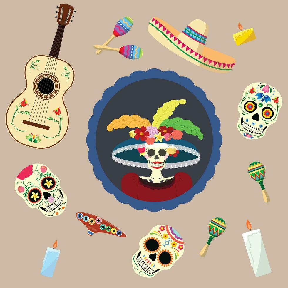 Day of the Dead set flat vector. Day of the Dead concept. Dia De Los Muertos. Mexican traditional culture. vector