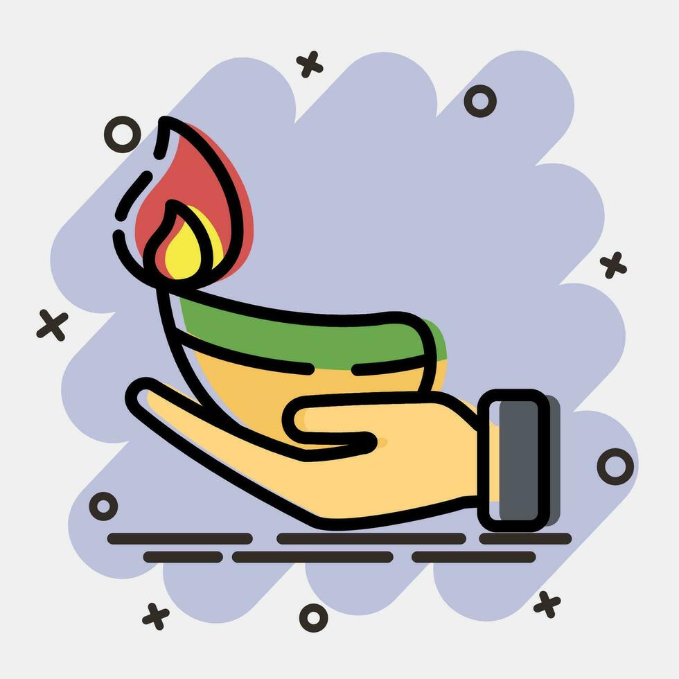 Icon fire lamp on hand. Diwali celebration elements. Icons in comic style. Good for prints, posters, logo, decoration, infographics, etc. vector