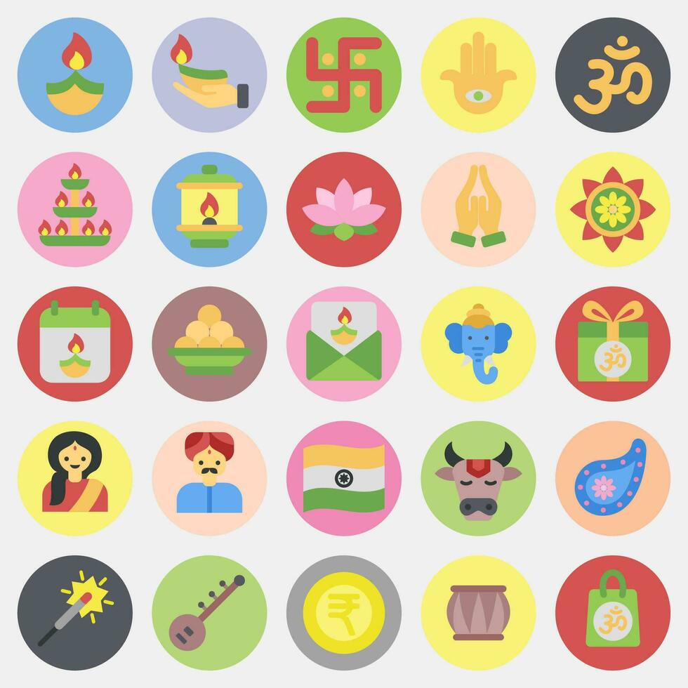 Icon set of diwali. Diwali celebration elements. Icons in color mate style. Good for prints, posters, logo, decoration, infographics, etc. vector