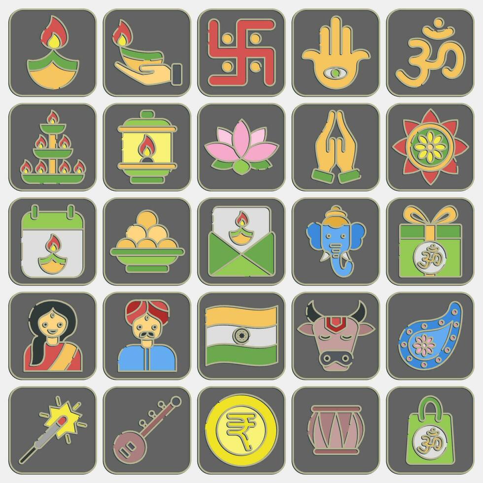 icono conjunto de día de la independencia diwali celebracion elementos. íconos en en relieve estilo. bueno para huellas dactilares, carteles, logo, decoración, infografía, etc. vector