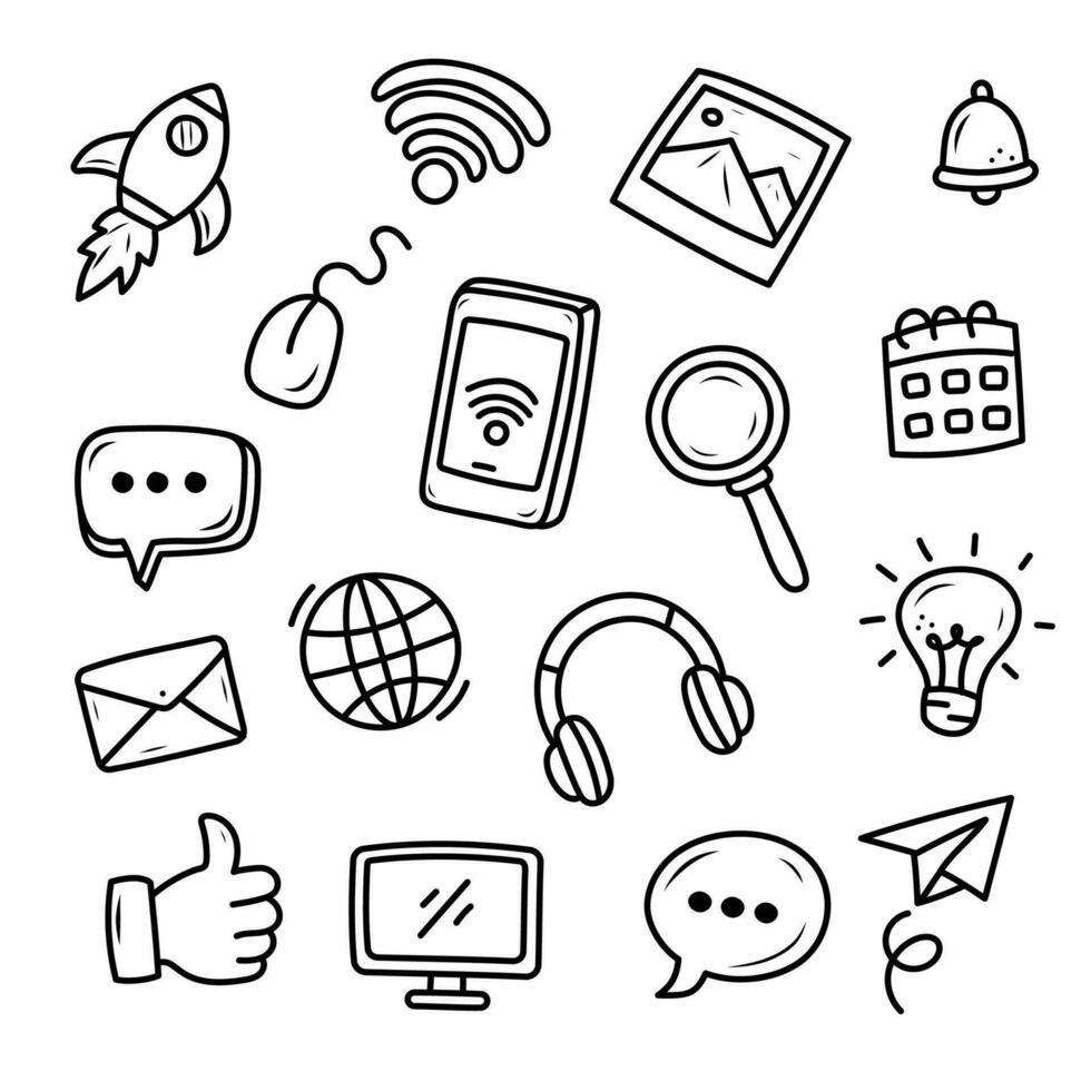 Set of social media doodle elements  with black and white color vector