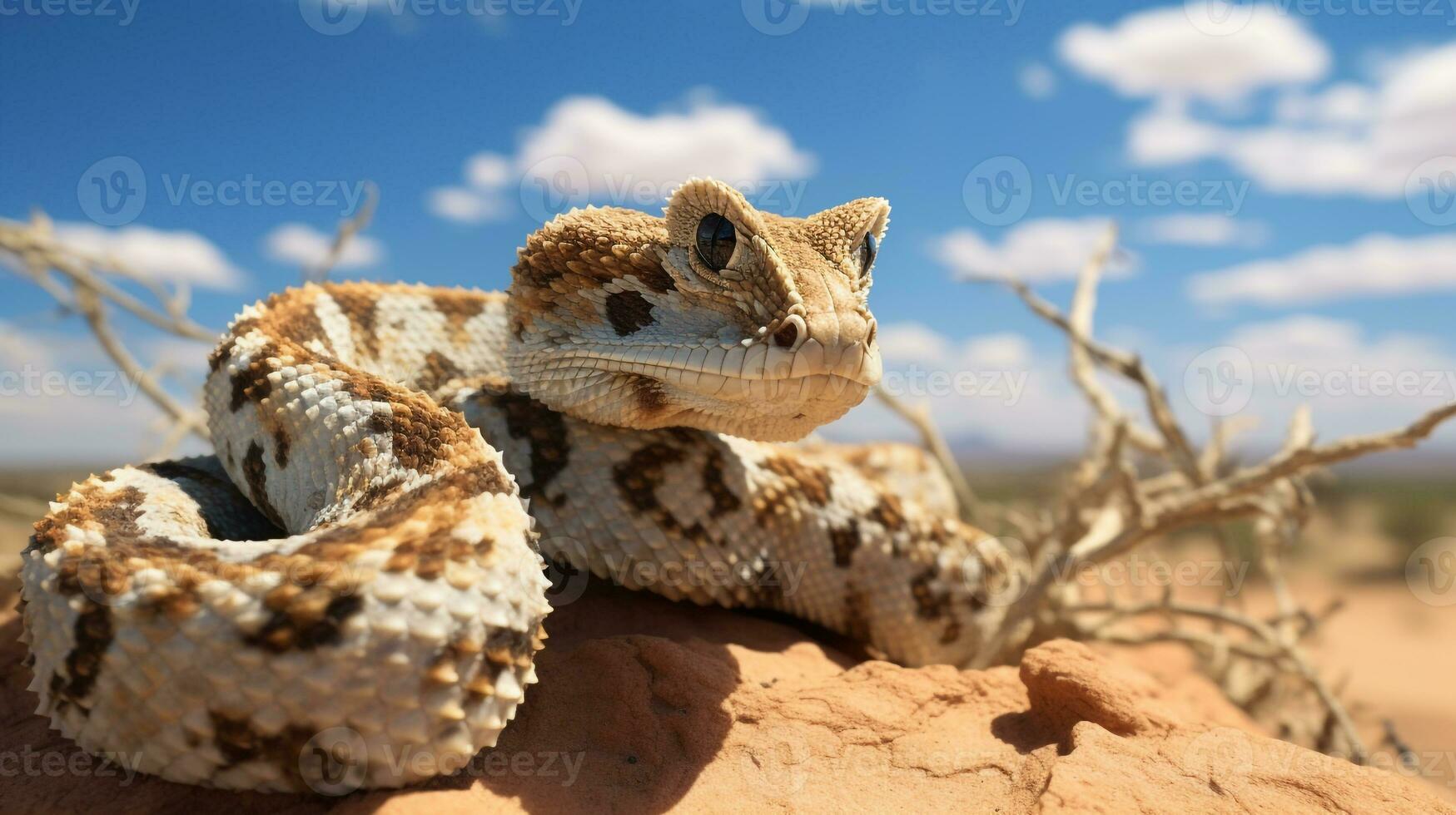 Photo of a Desert Horned Viper in a Desert with blue sky. Generative AI