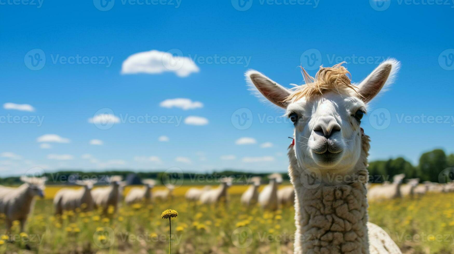 Photo of a Llama in the Farmland. Generative AI
