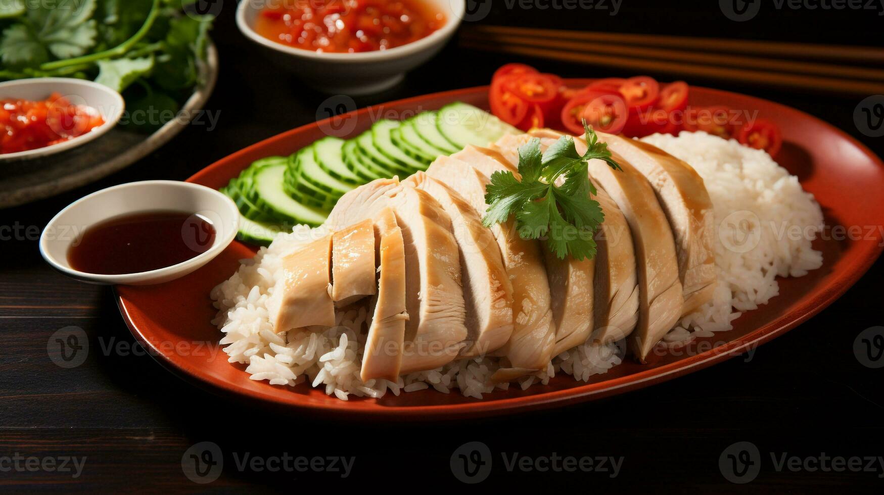 Photo of Hainanese Chicken Rice as a dish in a high-end restaurant. Generative AI