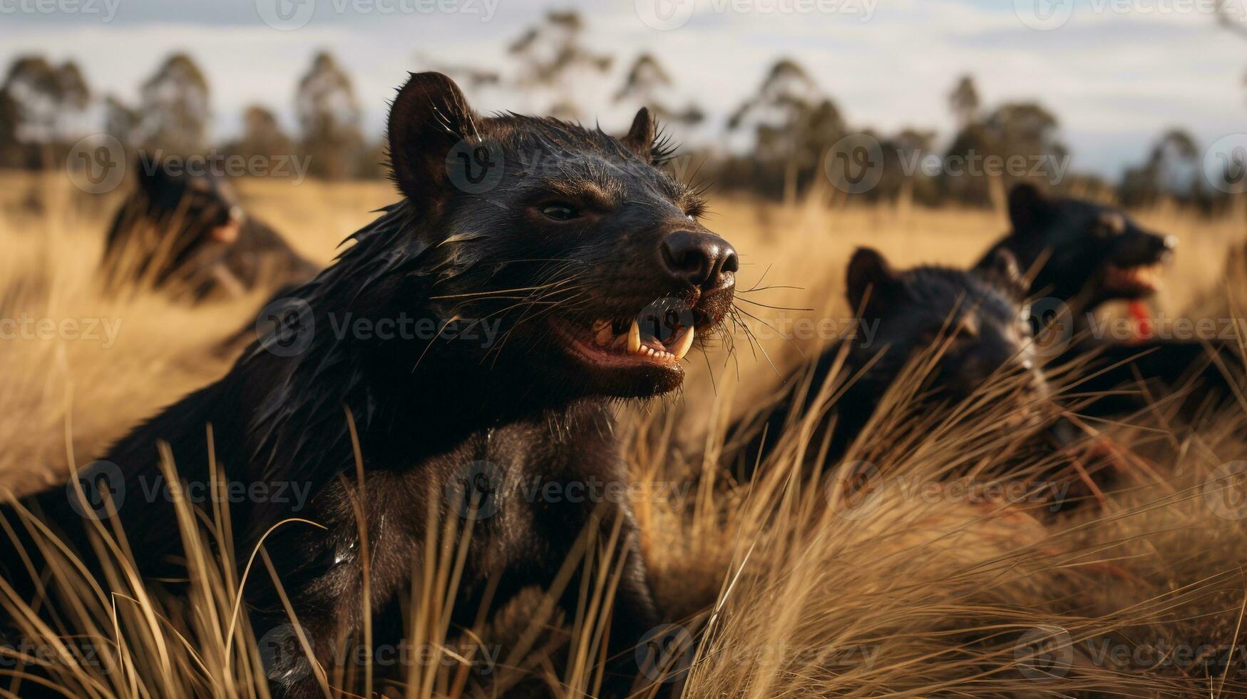 Photo of a herd of Tasmanian Devil resting in an open area on the Savanna. Generative AI