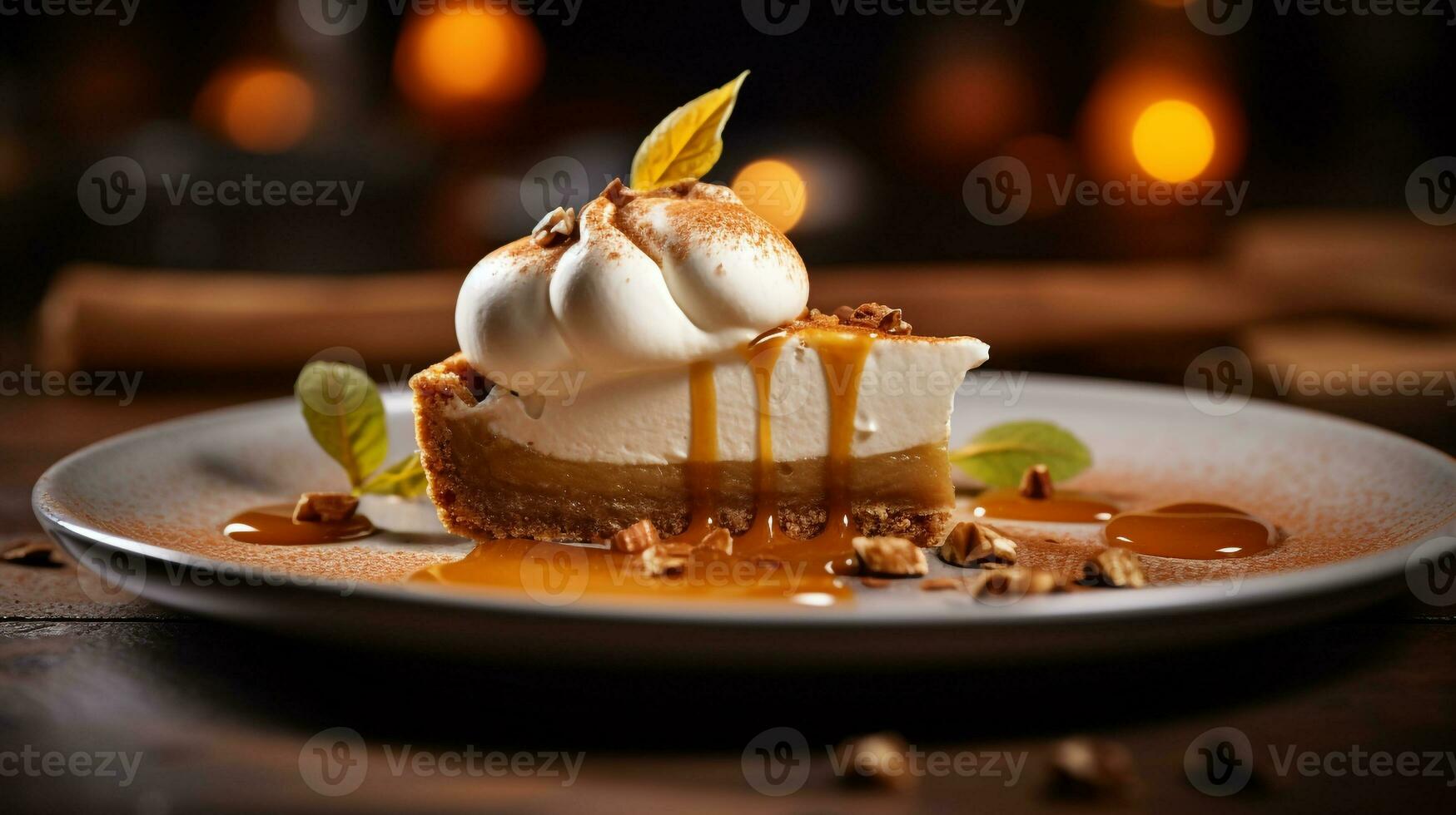 Photo of Pumpkin Pie as a dish in a high-end restaurant. Generative AI
