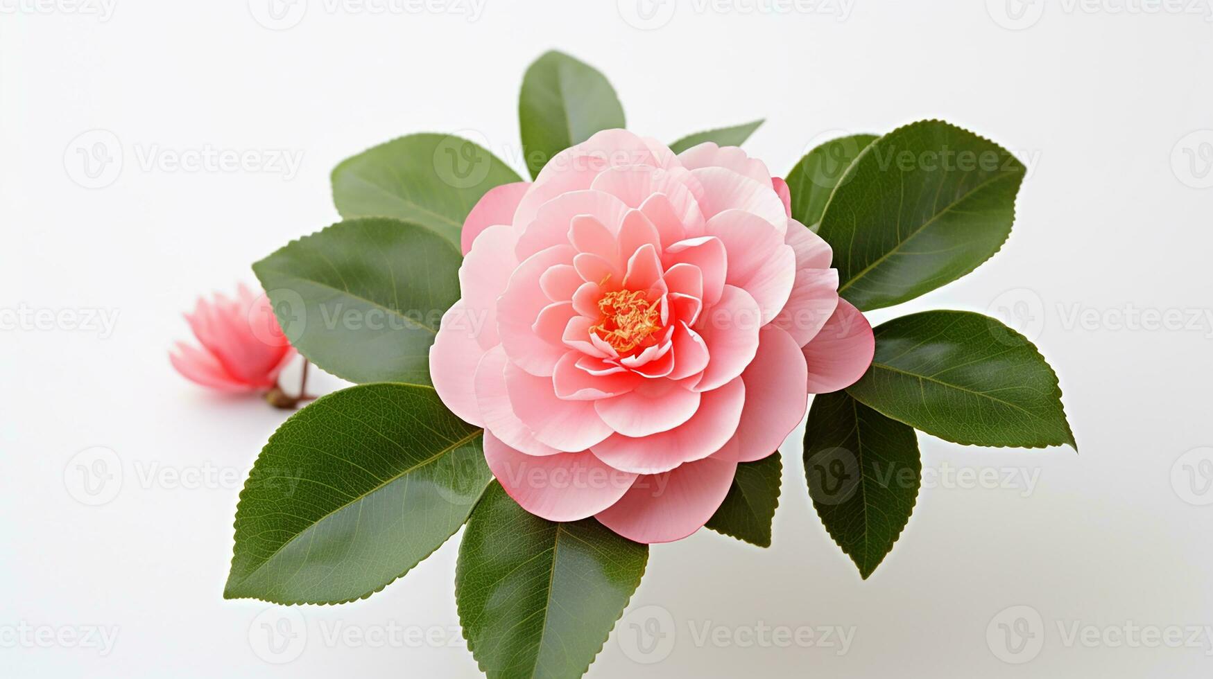 Photo of beautiful Camellia flower isolated on white background. Generative AI