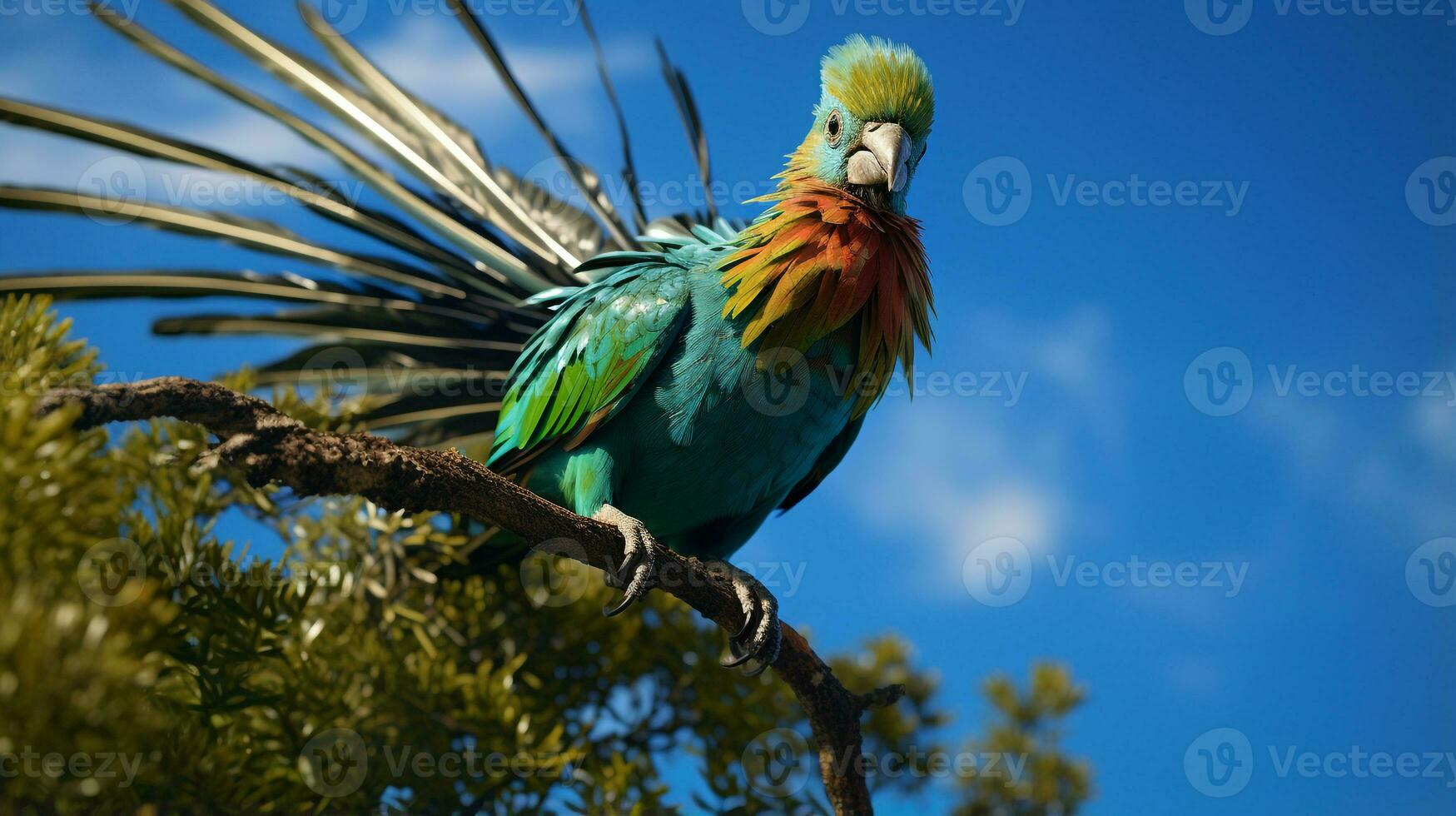 Photo of Quetzal in ther forest with blue sky. Generative AI